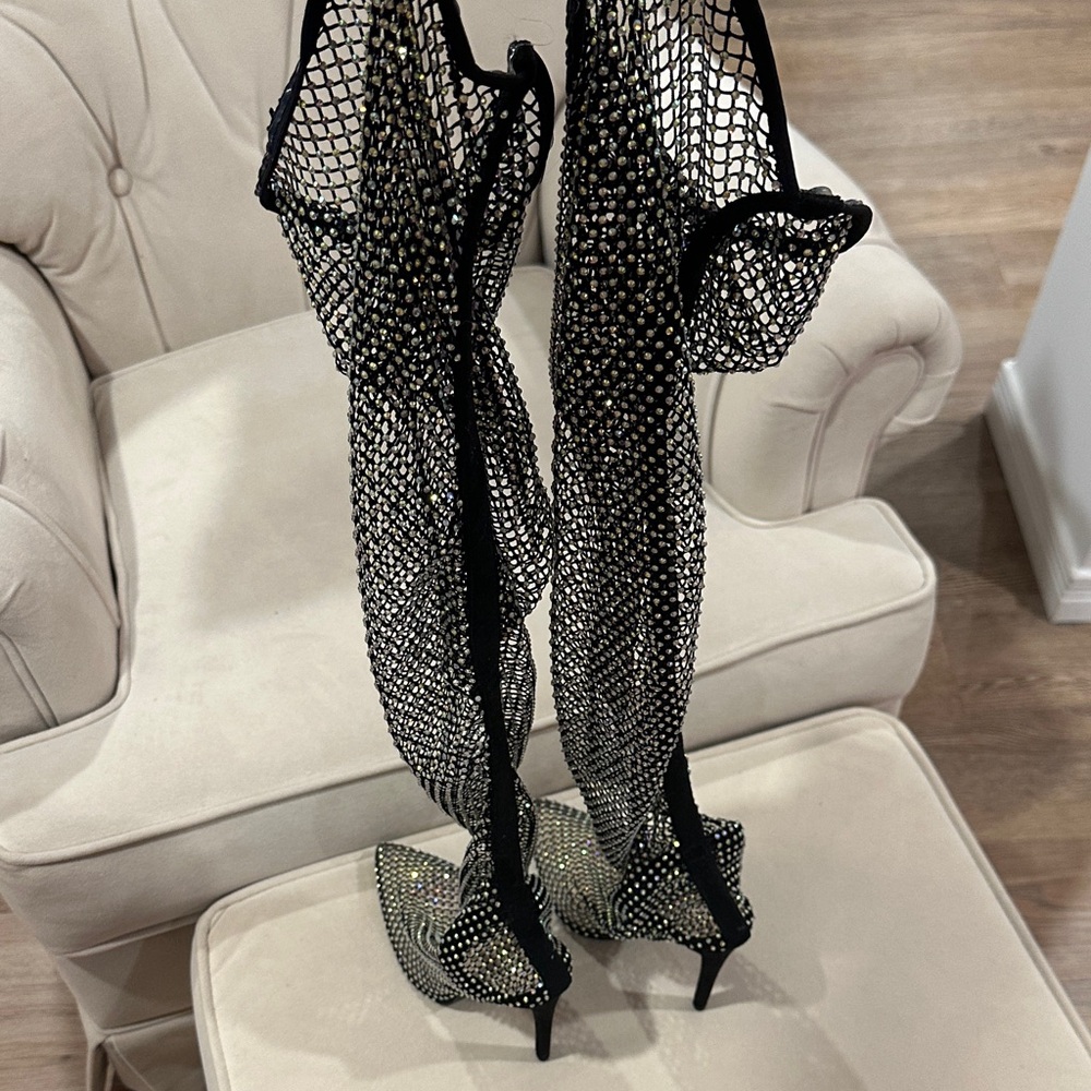 Black Rhinestone Fishnet Thigh-high Boots